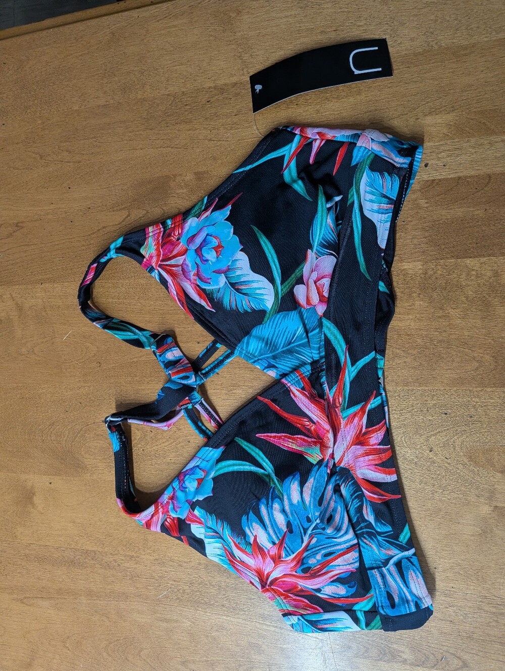 3/$14 Floral Tropical Bikini Top in Black with Teal & Coral Flowers
